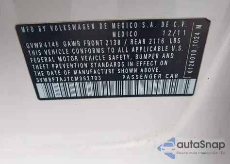 2012 Volkswagen Jetta 2.5L Se z USA, uszkodzony, nr VIN 3VWBP7AJ7CM362703